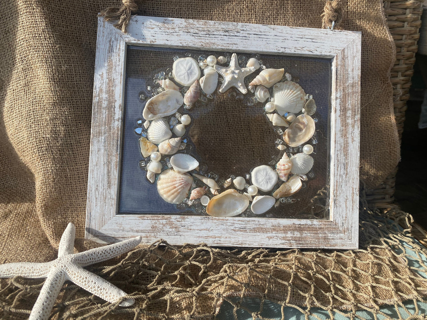 FRAMED HOLIDAY shell WREATH in resin