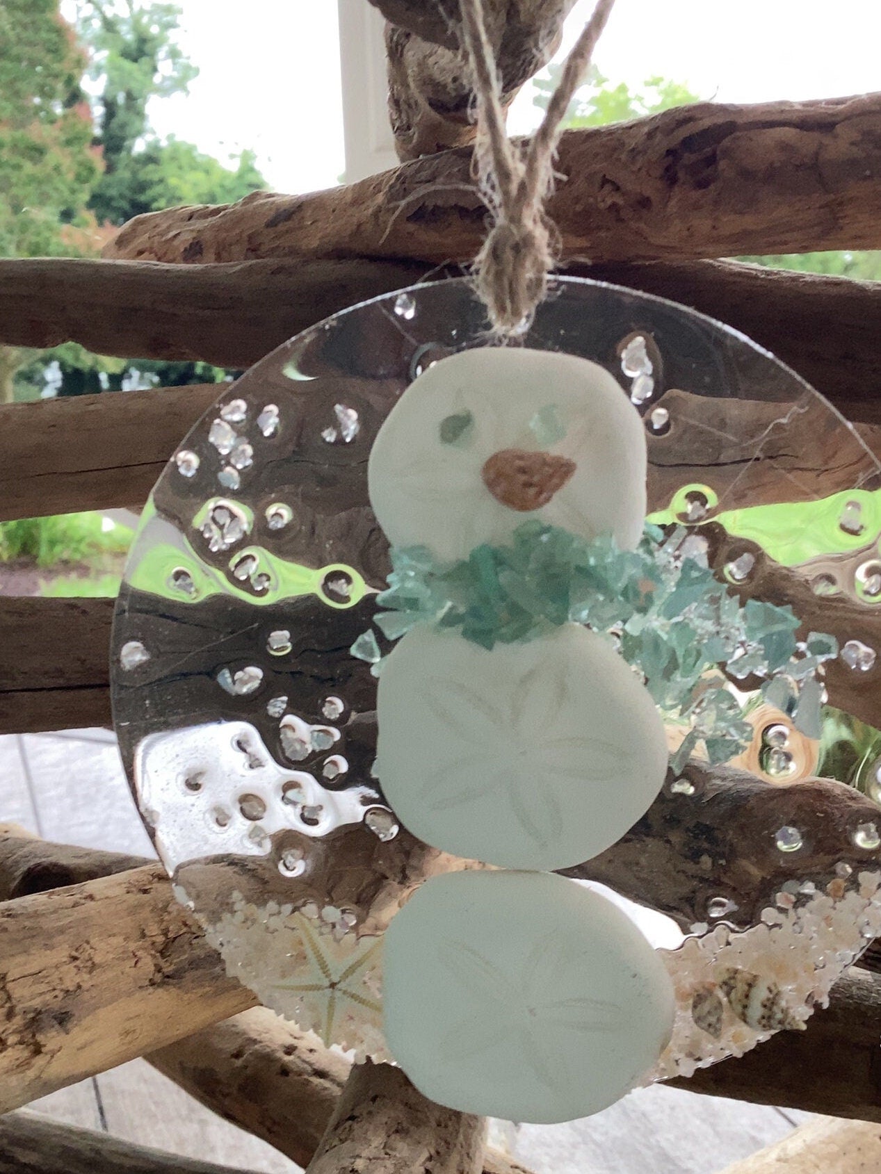 Coastal Christmas Ornament- Aqua Snowman on Beach
