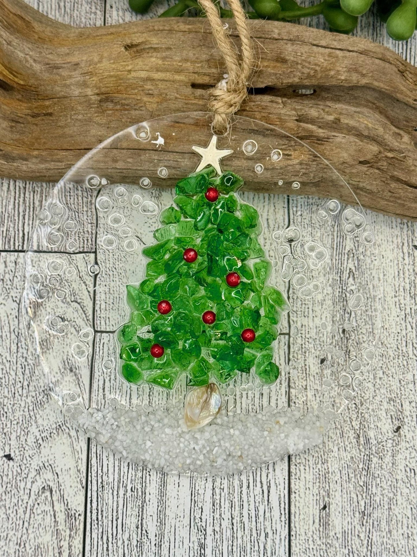 Coastal Christmas Ornament- Green glass Christmas Tree with Berries on Snow, Beachy Christmas, Handmade resin art, Glass Coastal Ornament