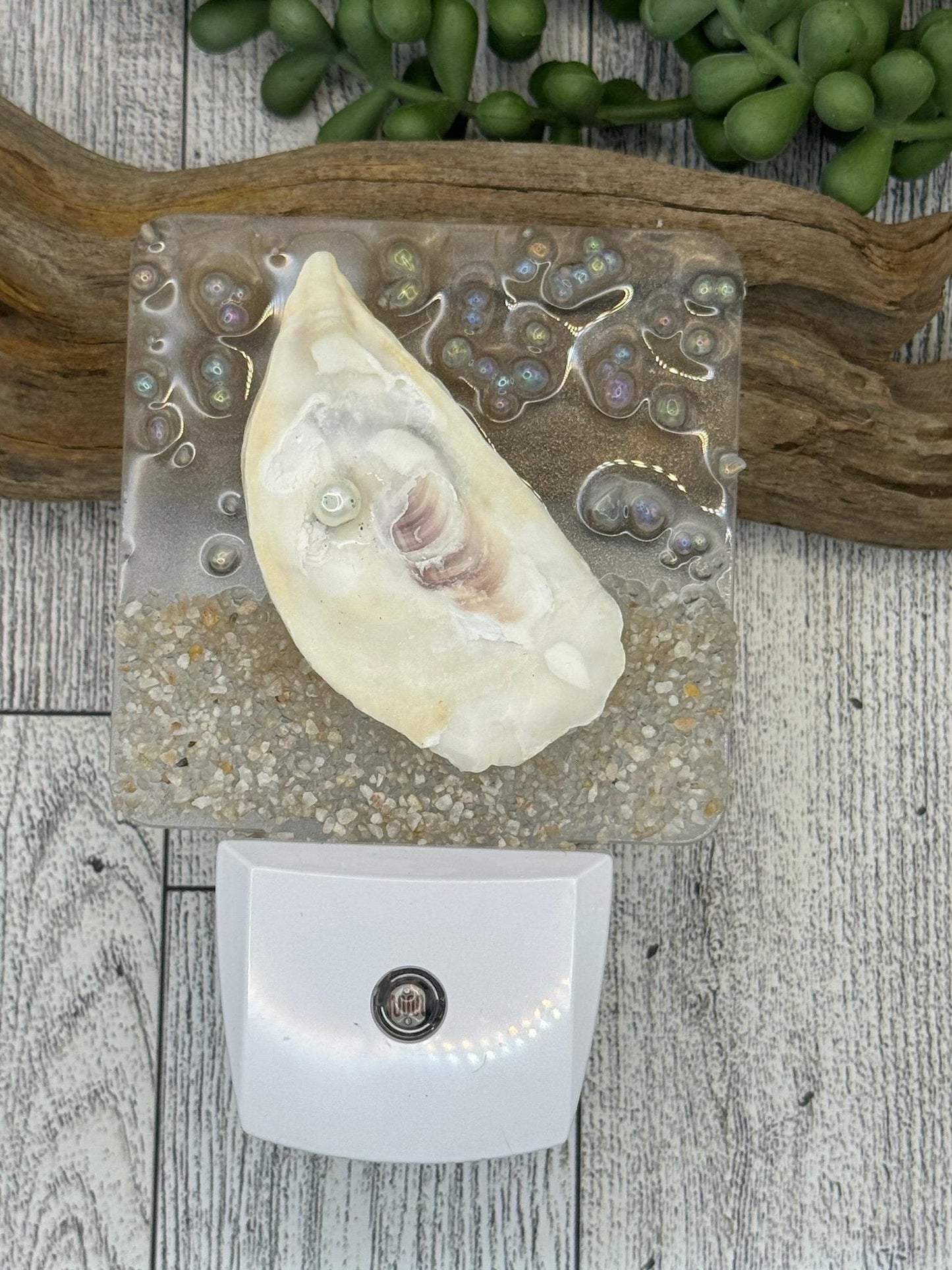 COASTAL Night Light- OYSTER shell with beach and pearl , Beachy piece, handmade, resin art