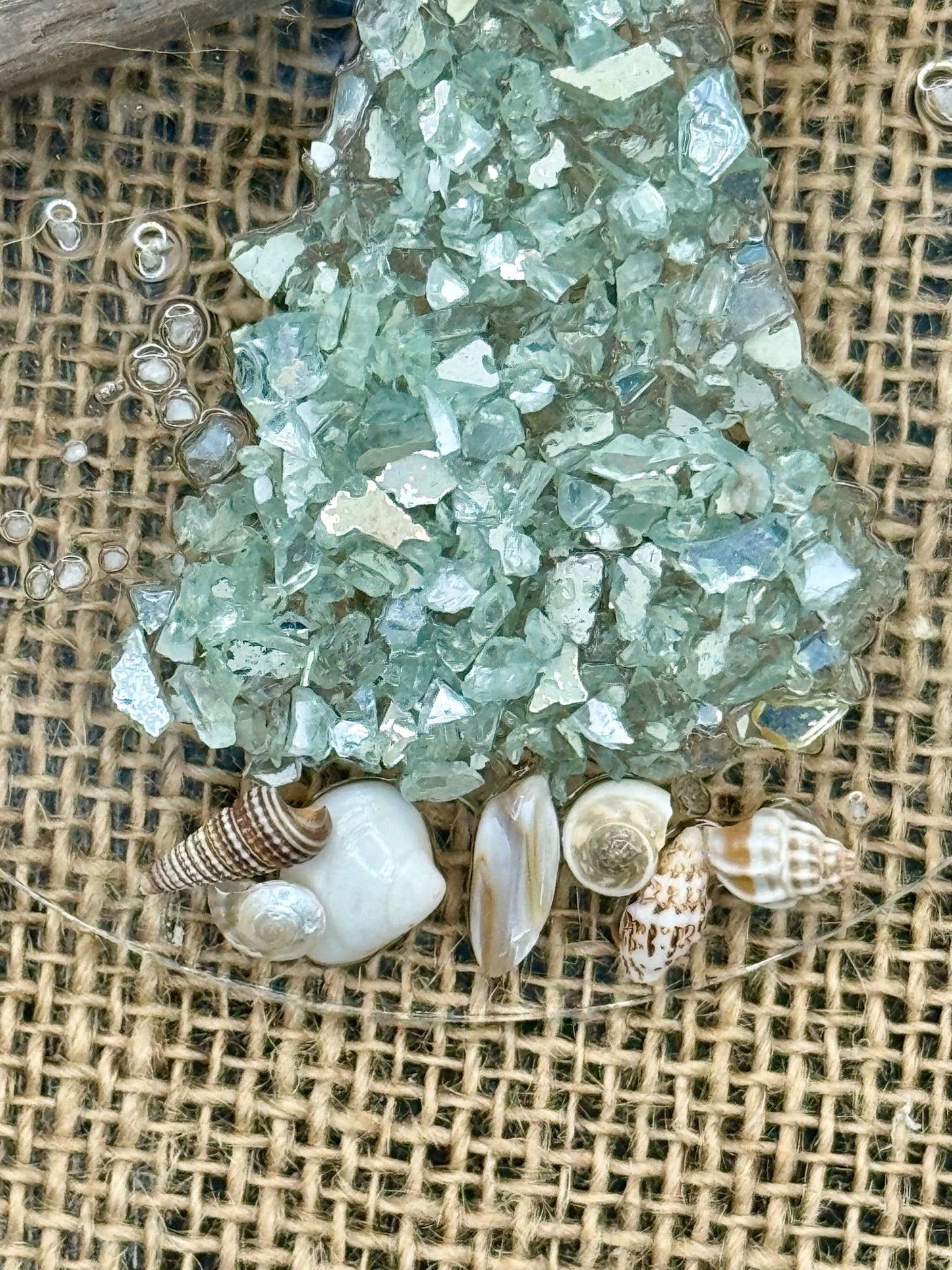 Coastal Christmas Ornament- Aqua Christmas Tree w/ shells , Beachy Christmas,starfish, Handmade, glass ornament,resin art, Beachy ornament