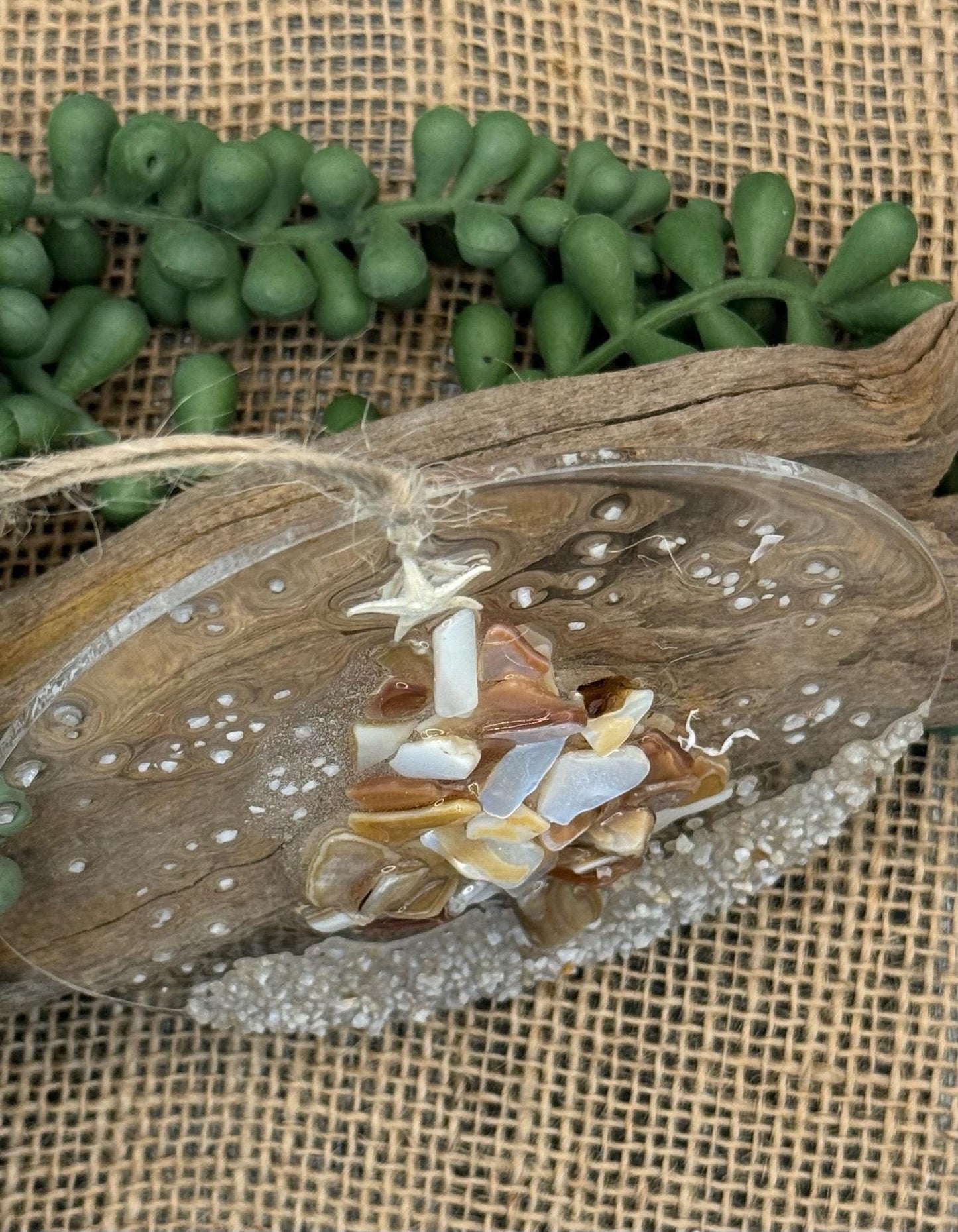 Coastal Christmas Ornament- Shell Christmas Tree with sand , Beachy Christmas , starfish, Handmade, glass ornament,Beach,Coastal ornament