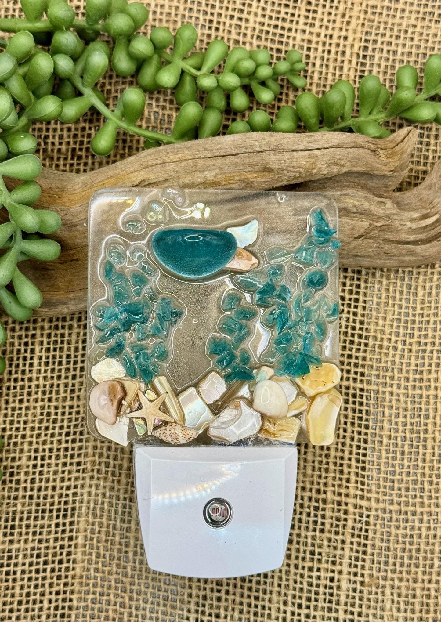 COASTAL Night Light- beachy fish turquoise Glass ,