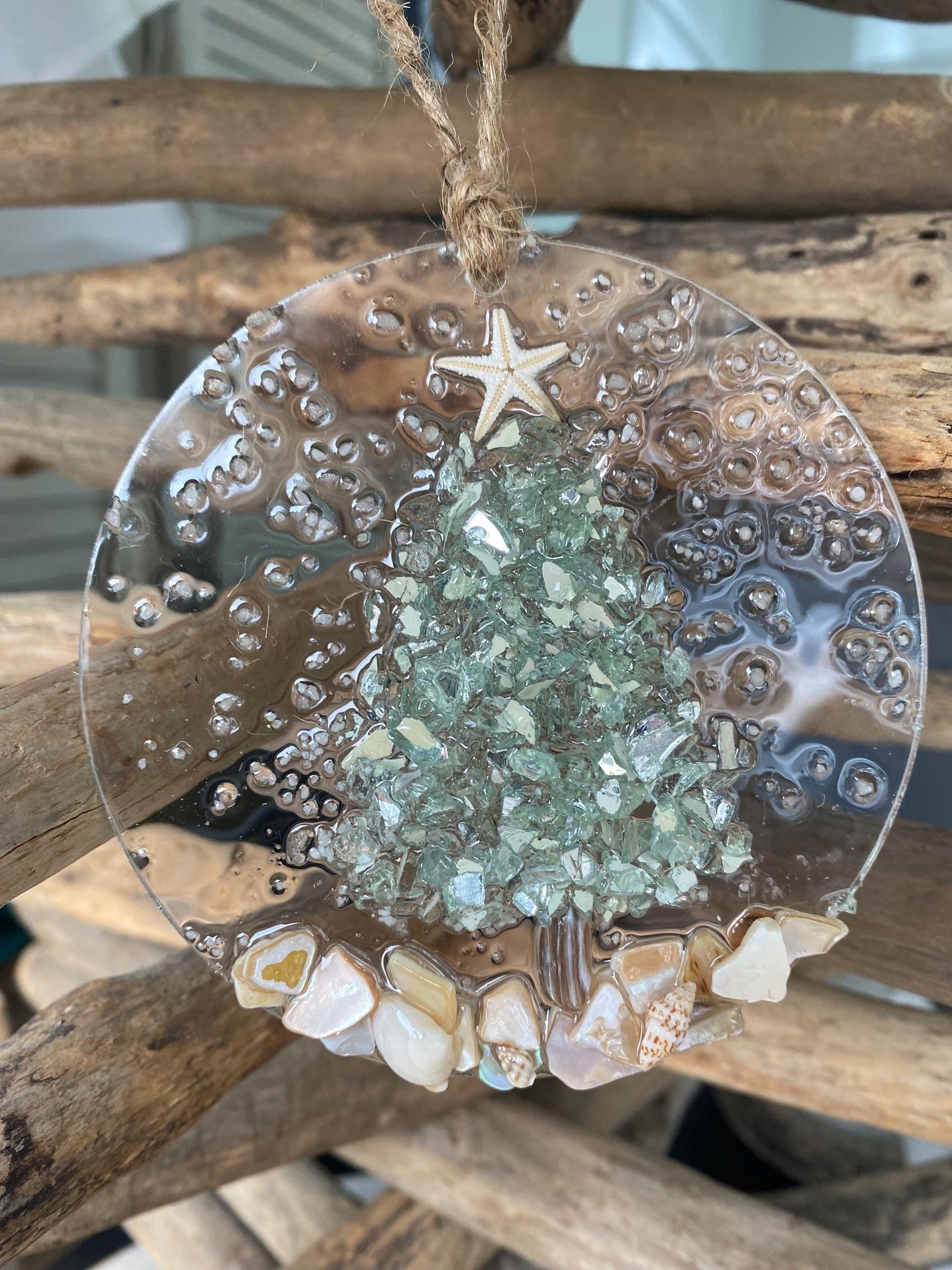 Coastal Christmas Ornament- Aqua Christmas Tree with iridescent crushed shell Beach, Beachy Christmas, Resin and glass ornament, Handmade