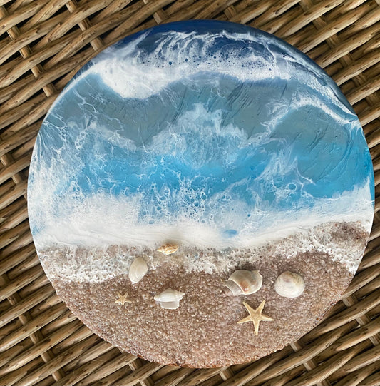 BEACHY Ocean Waves Wall Art with shells 15" round