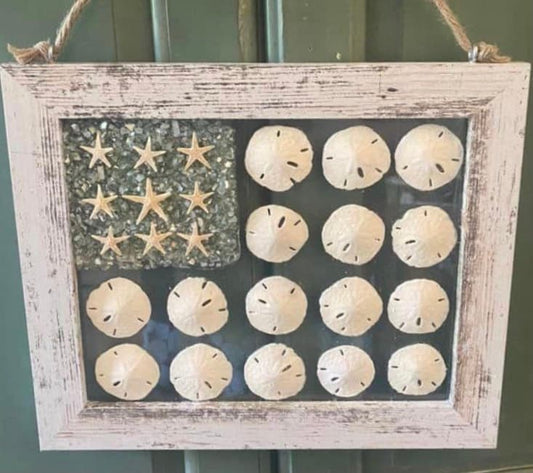 American FLAG- sand dollar  & starfish Framed  Art