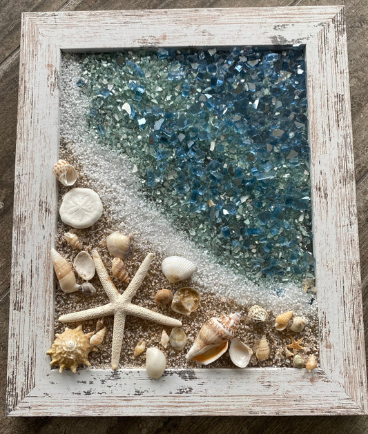 BEACH SCENE with STARFISH crushed glass Framed Art