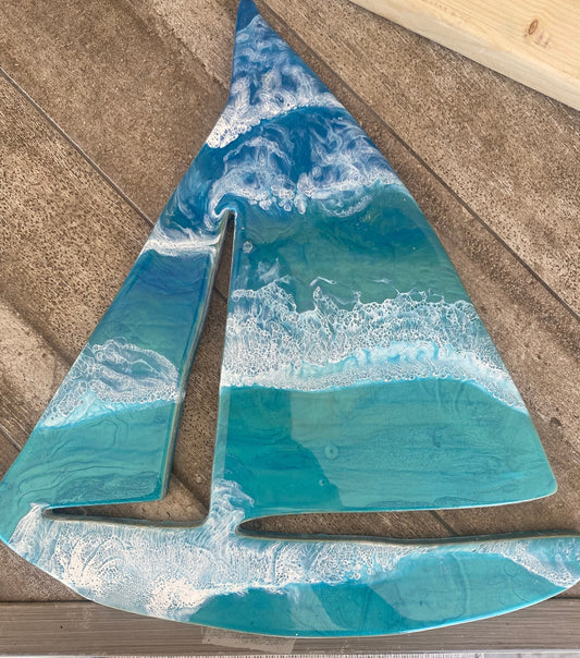 SAILBOAT  Wall Decor/Charcuterie board with Ocean Waves in resin