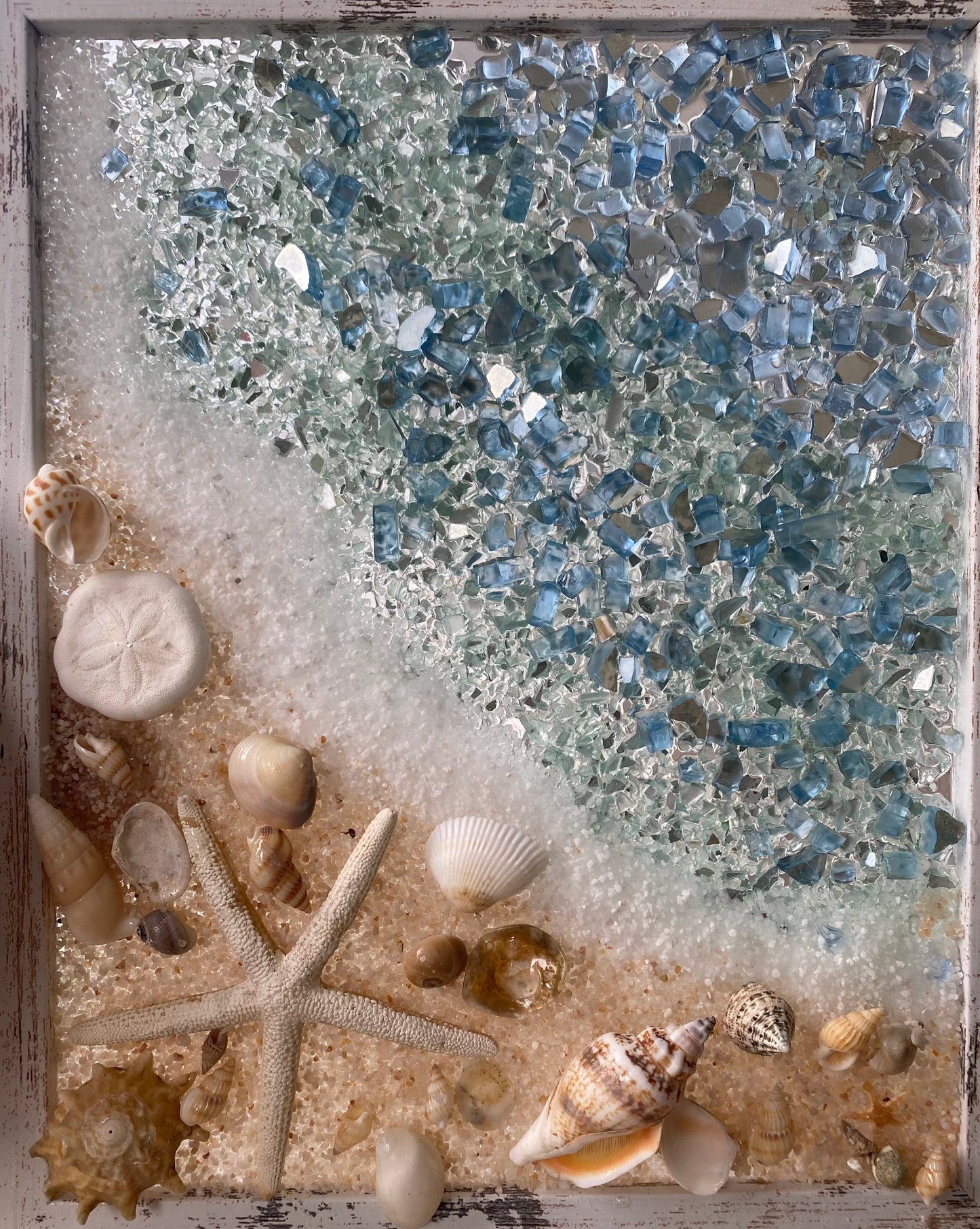 BEACH SCENE with STARFISH crushed glass Framed Art