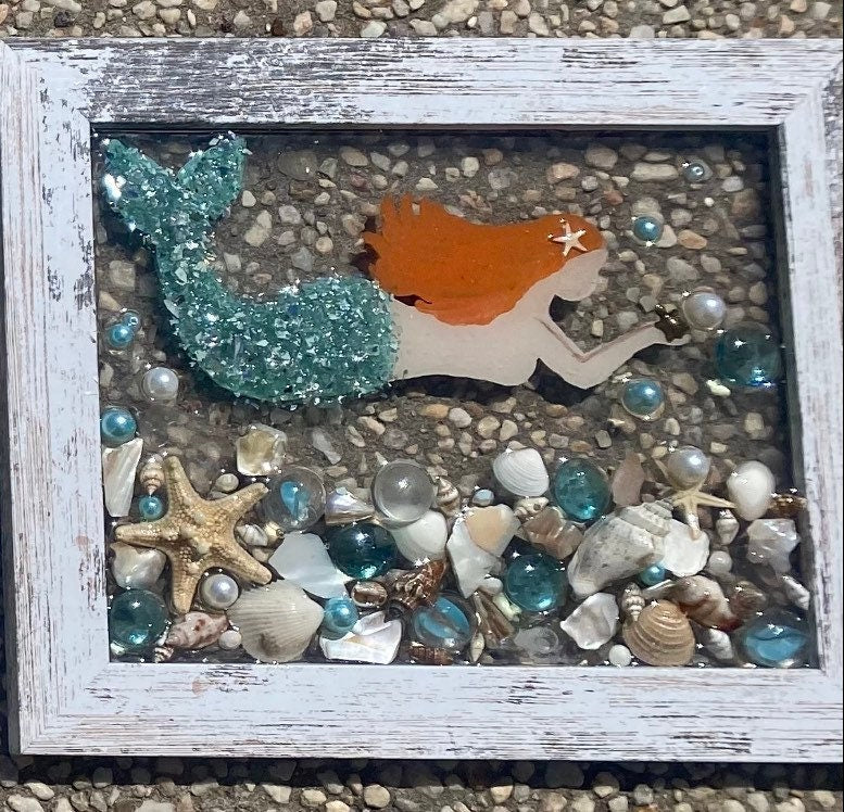 MERMAID- Handpainted With Sea glass Framed Art