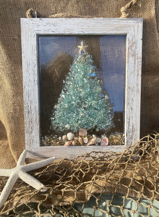 Coastal Christmas tree- Framed Art with crushed glass in resin