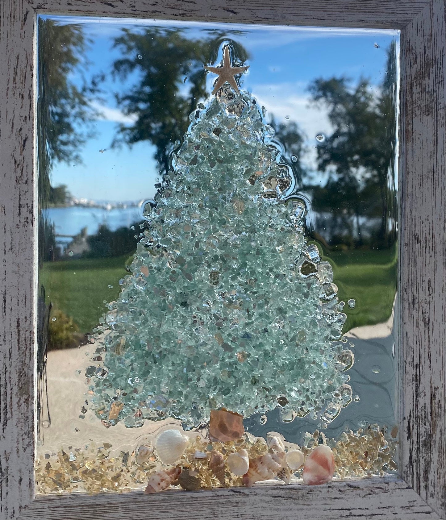 Coastal Christmas tree- Framed Art with Aqua crushed glass in resin, Beachy Christmas, Handmade Resin and Glass Art, Whitewashed Frame Chris