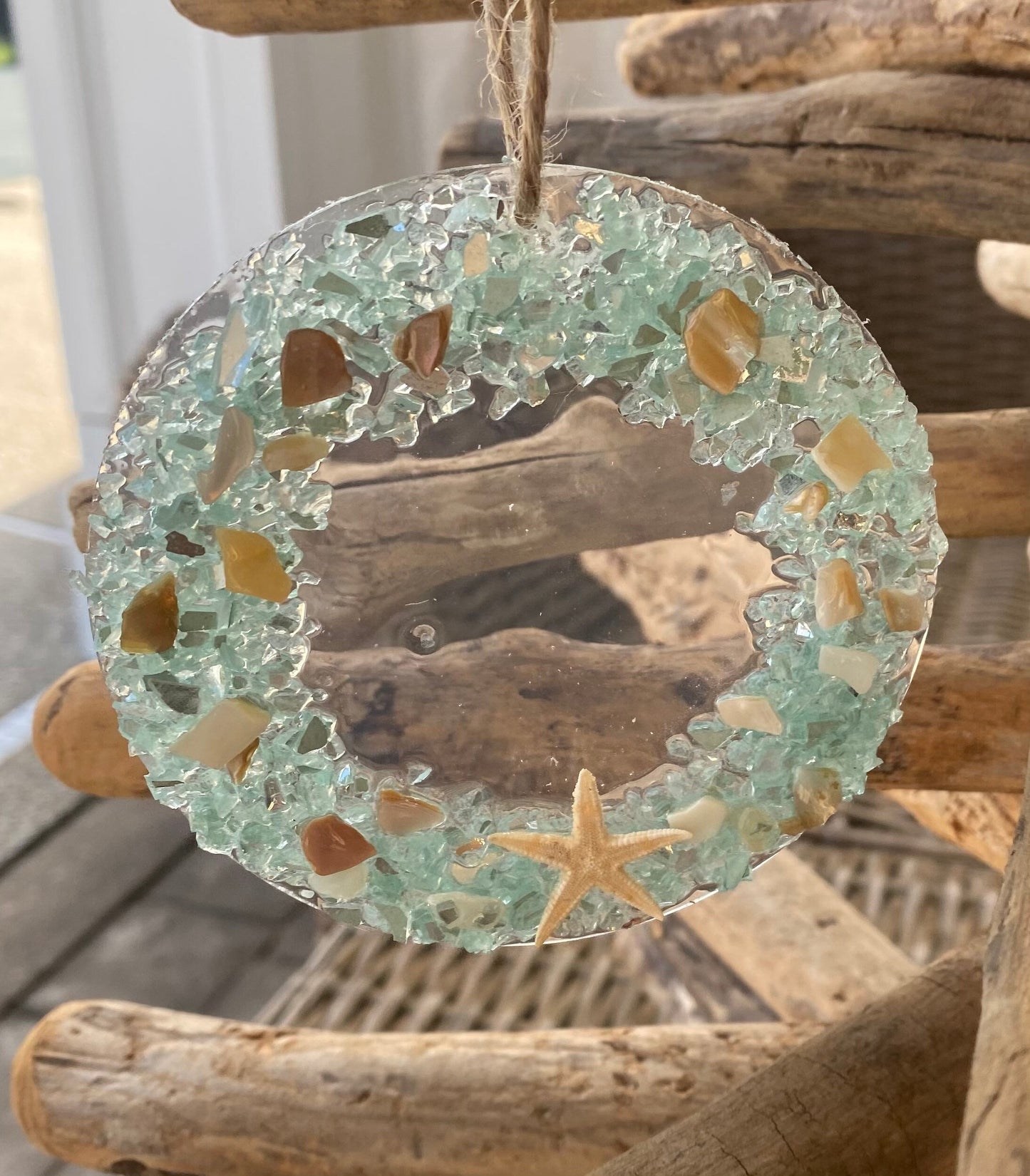 Coastal Christmas Ornament- Aqua Wreath with shells and real starfish, Beachy Christmas, Resin and glass ornament, Handmade art