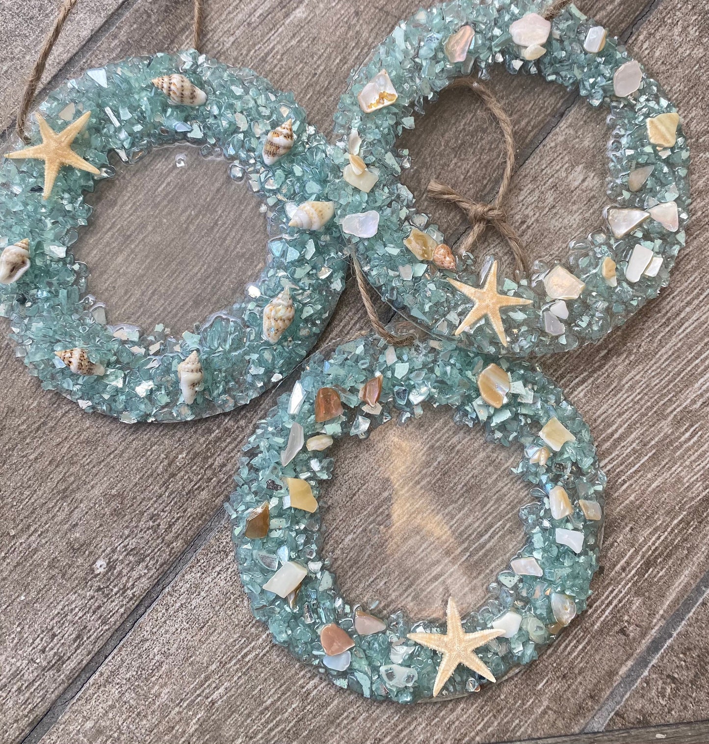 Coastal Christmas Ornament- Aqua Wreath with shells and real starfish, Beachy Christmas, Resin and glass ornament, Handmade art