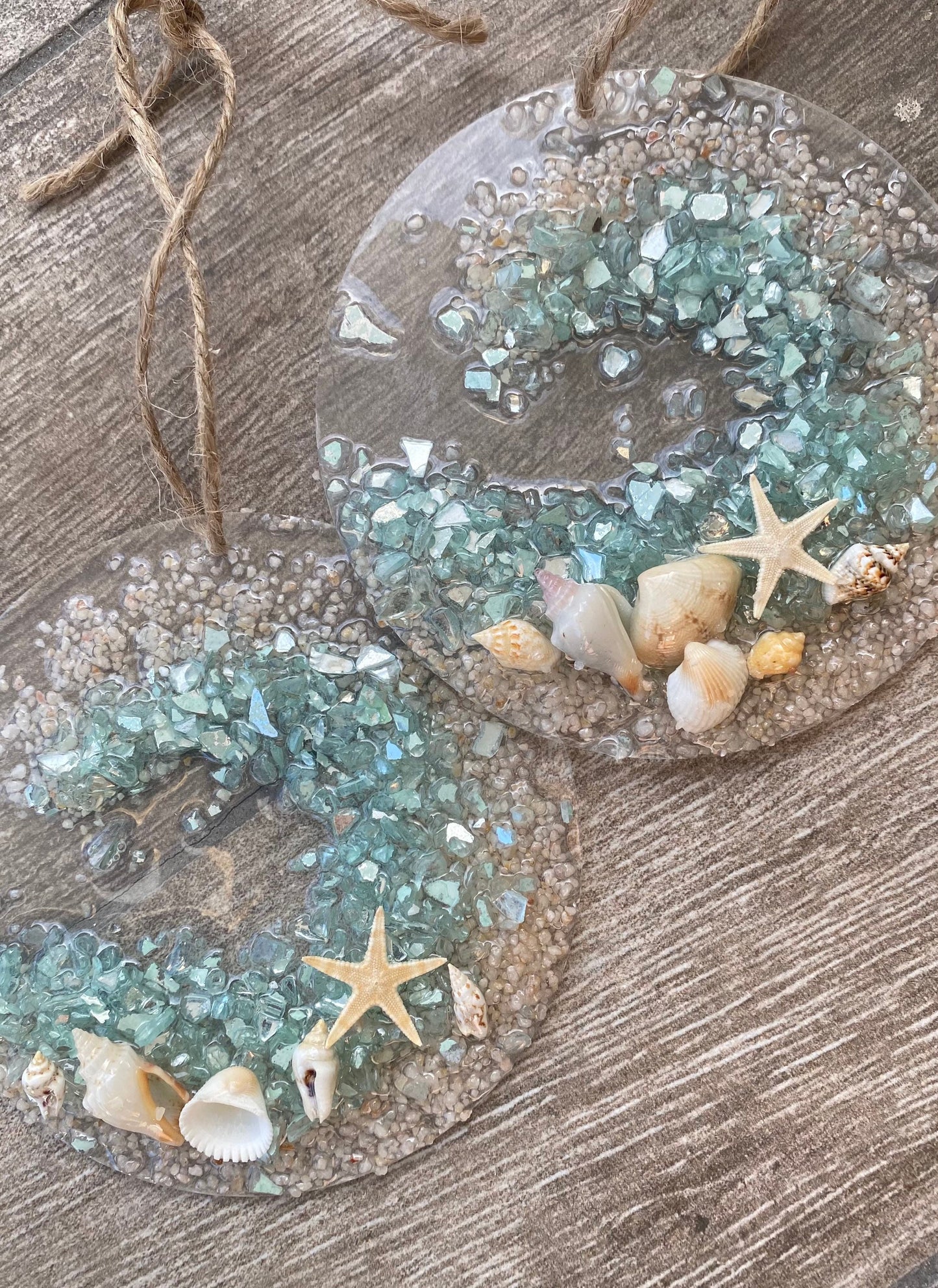 Coastal Suncatcher/ Ornament- Aqua Coastal WAVE with shells