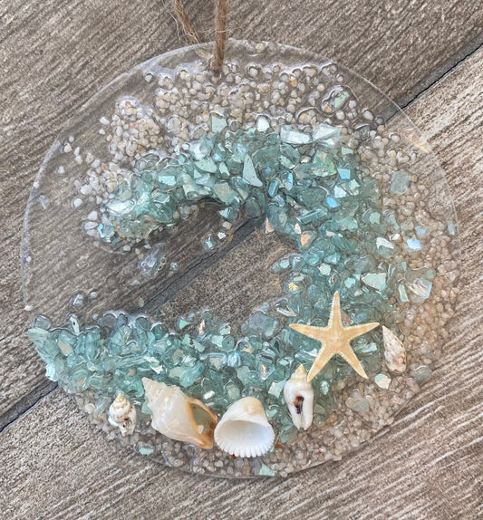 Coastal Suncatcher/ Ornament- Aqua Coastal WAVE with shells