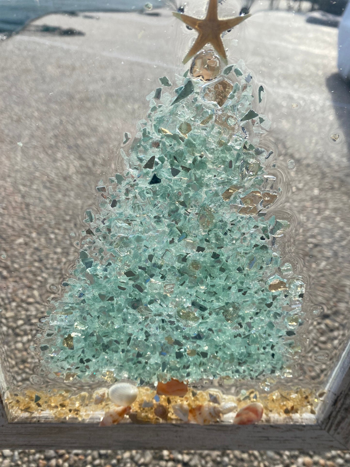 Coastal Christmas tree- Framed Art with Aqua crushed glass in resin, Beachy Christmas, Handmade Resin and Glass Art, Whitewashed Frame Chris