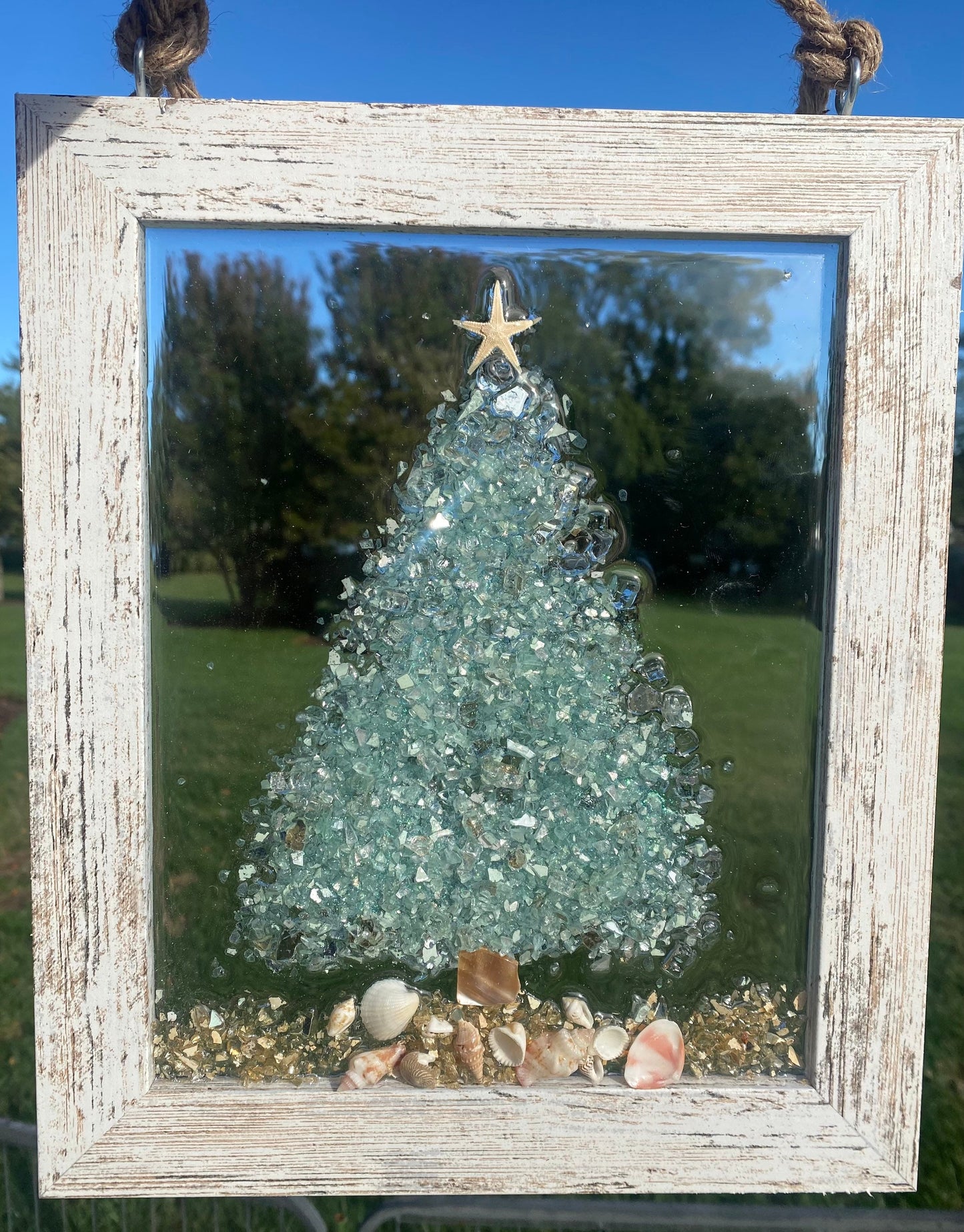 Coastal Christmas tree- Framed Art with Aqua crushed glass in resin, Beachy Christmas, Handmade Resin and Glass Art, Whitewashed Frame Chris