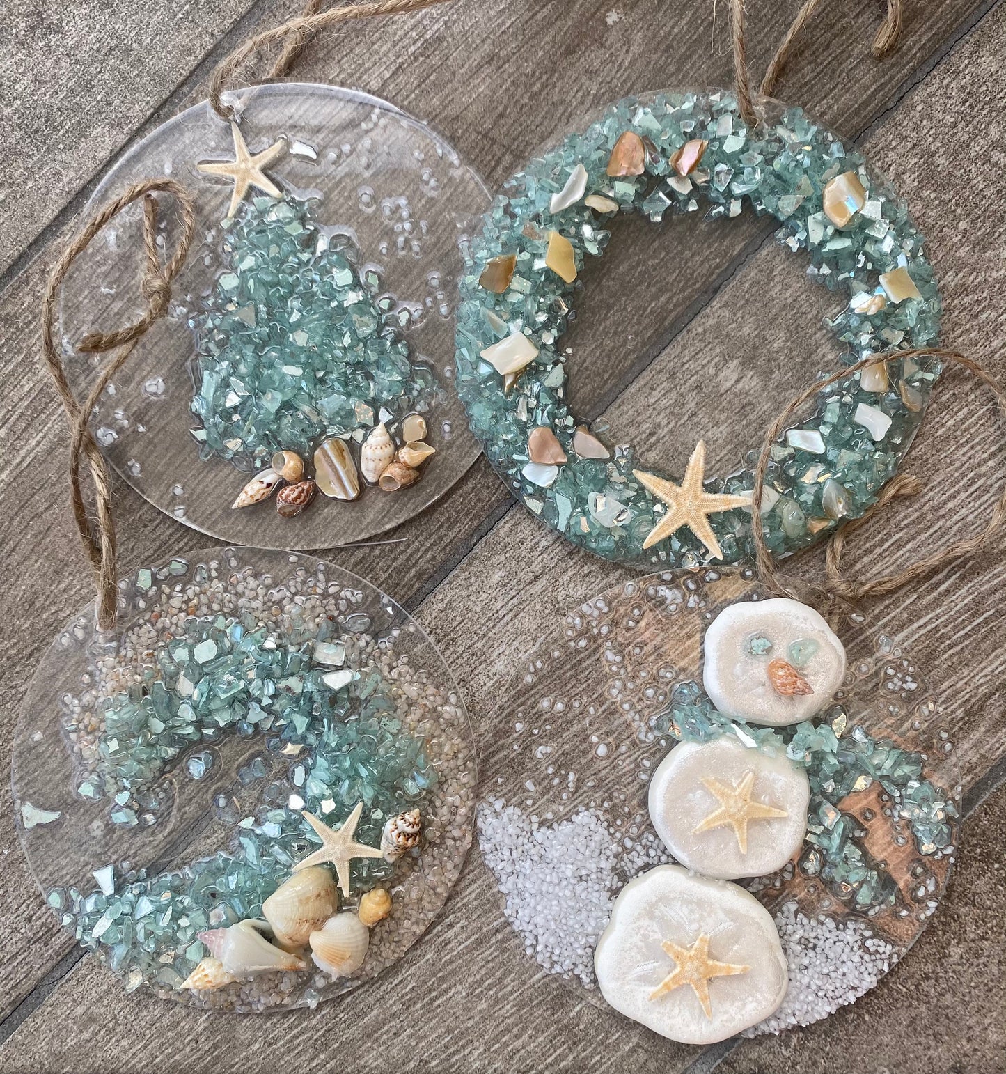 Coastal Christmas Ornament- Sand Dollar  Snowman, Beachy Christmas, Real Starfish, crushed glass, resin art, handmade