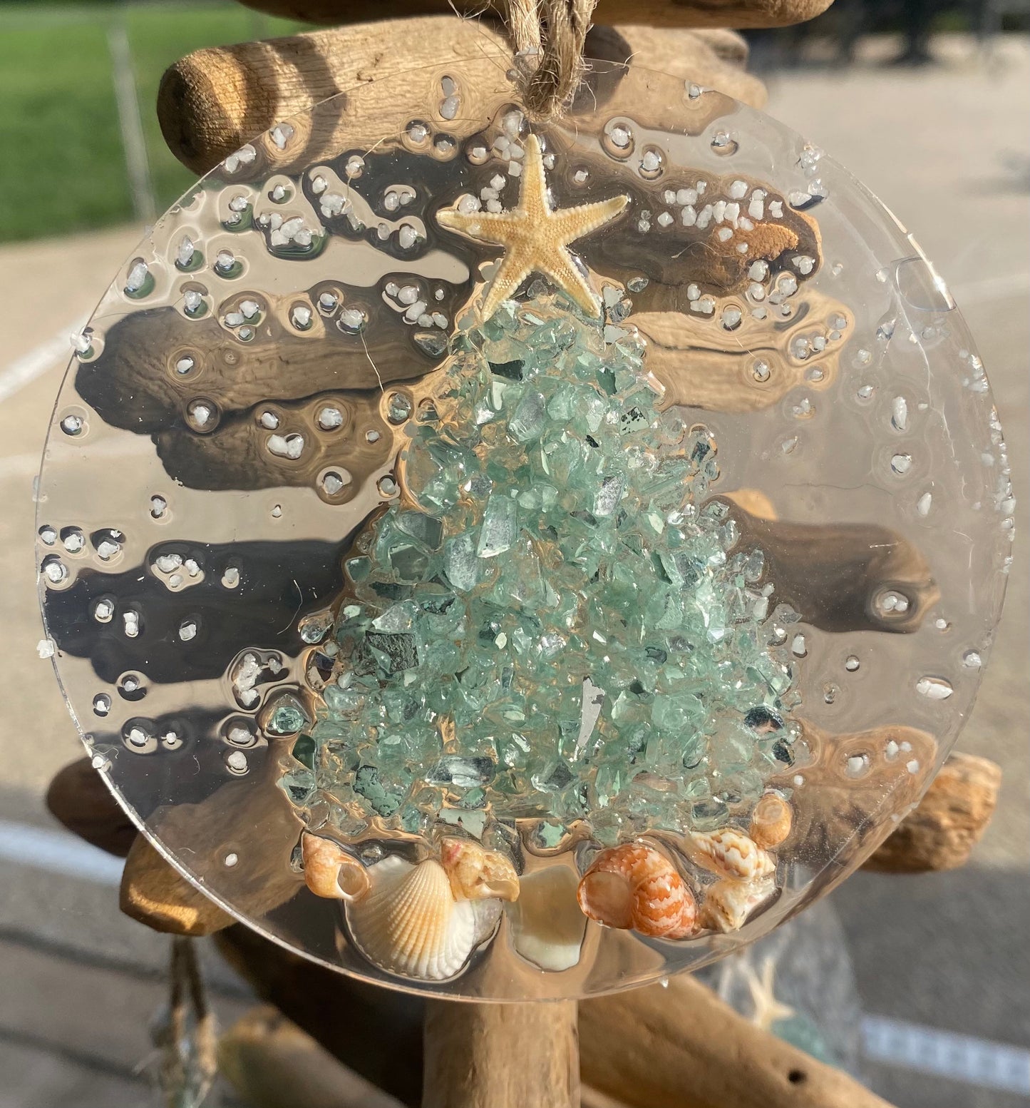 Coastal Christmas Ornament- Aqua  Christmas Tree w/ shells , Beachy Christmas,starfish, Handmade, glass ornament,resin art, Beachy ornament