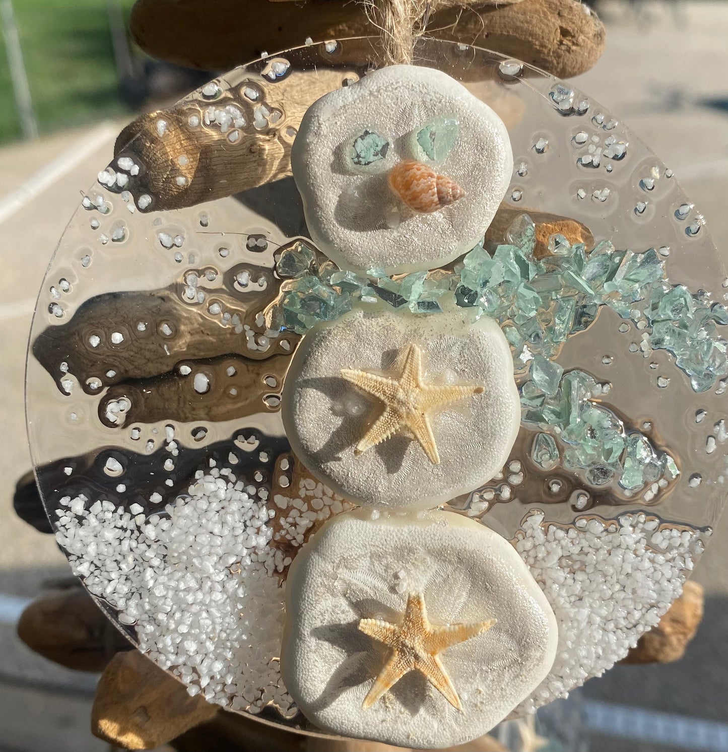 Coastal Christmas Ornament- Sand Dollar  Snowman, Beachy Christmas, Real Starfish, crushed glass, resin art, handmade