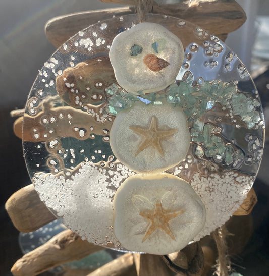 Coastal Christmas Ornament- Sand Dollar  Snowman, Beachy Christmas, Real Starfish, crushed glass, resin art, handmade