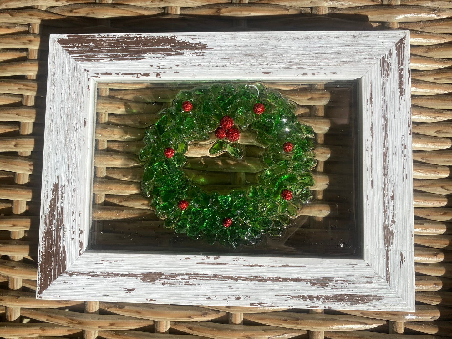 WREATH and HOLLY berries HOLIDAy  crushed glass Framed Art