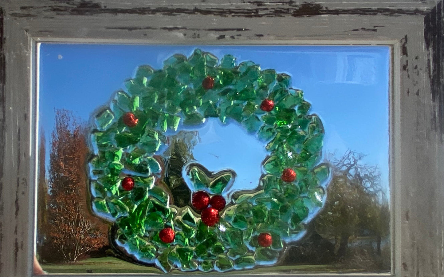 WREATH and HOLLY berries HOLIDAy  crushed glass Framed Art