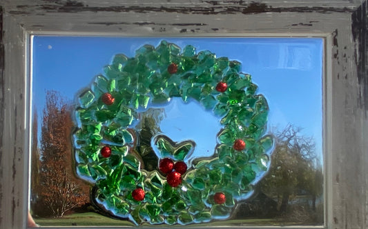 WREATH and HOLLY berries HOLIDAy  crushed glass Framed Art