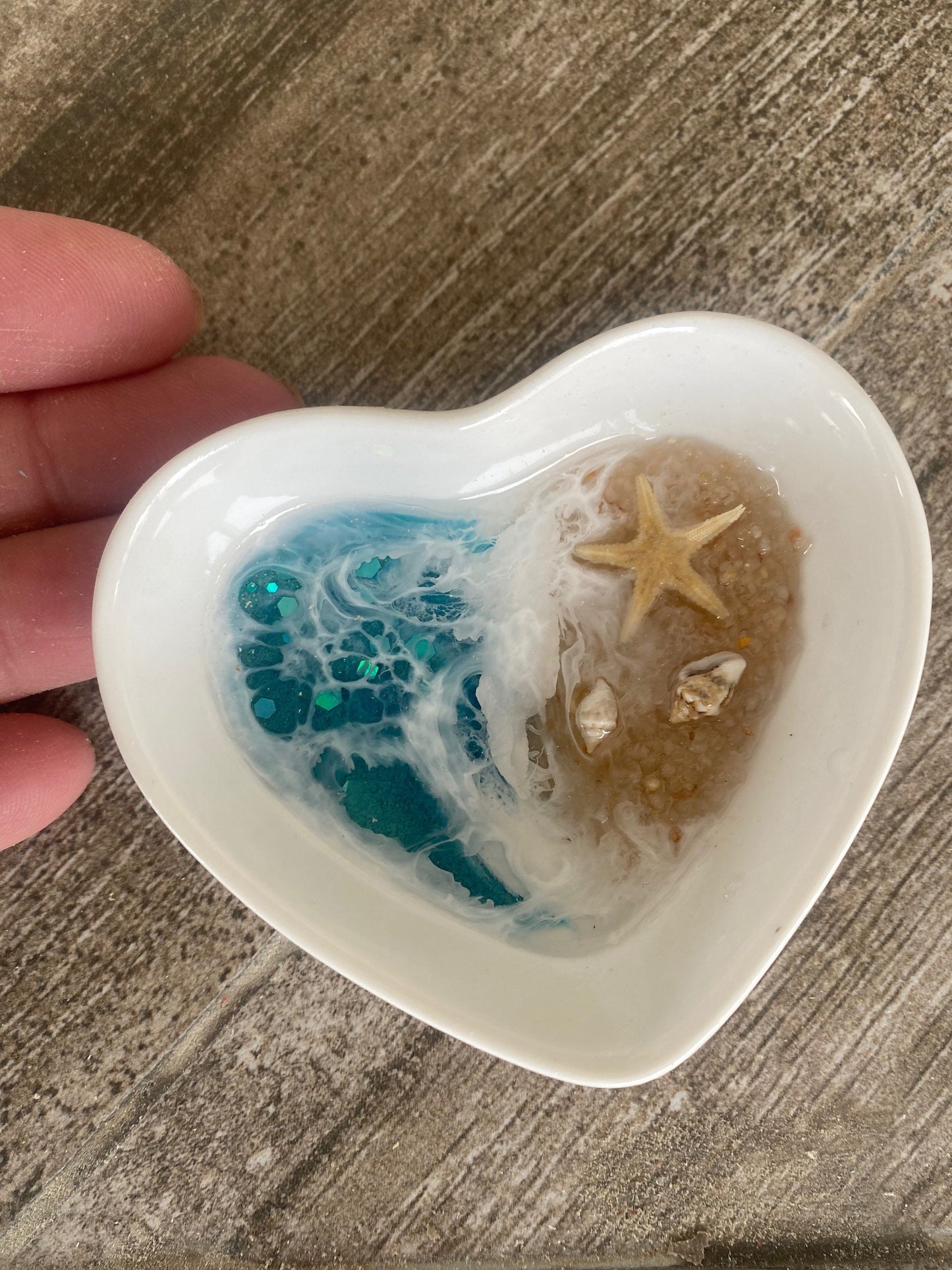 Ceramic  OCEAN Heart Ring/ Trinket Dish  with resin ocean and beach