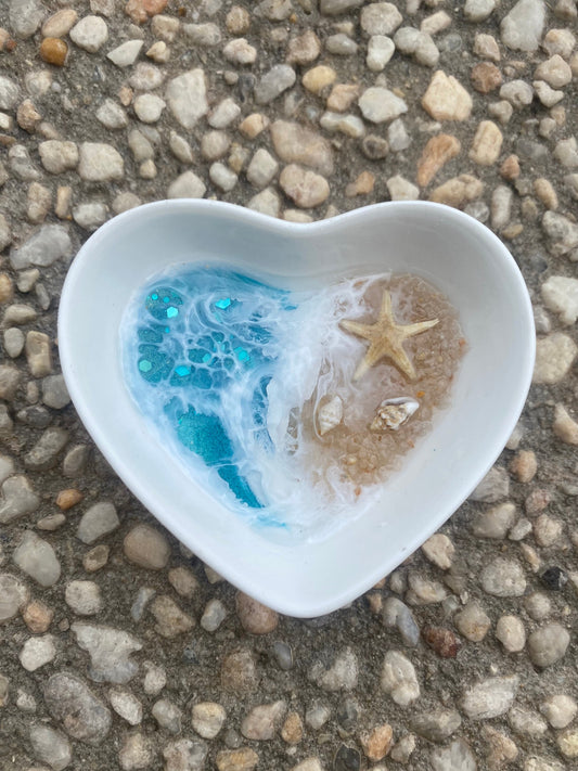 Ceramic  OCEAN Heart Ring/ Trinket Dish  with resin ocean and beach