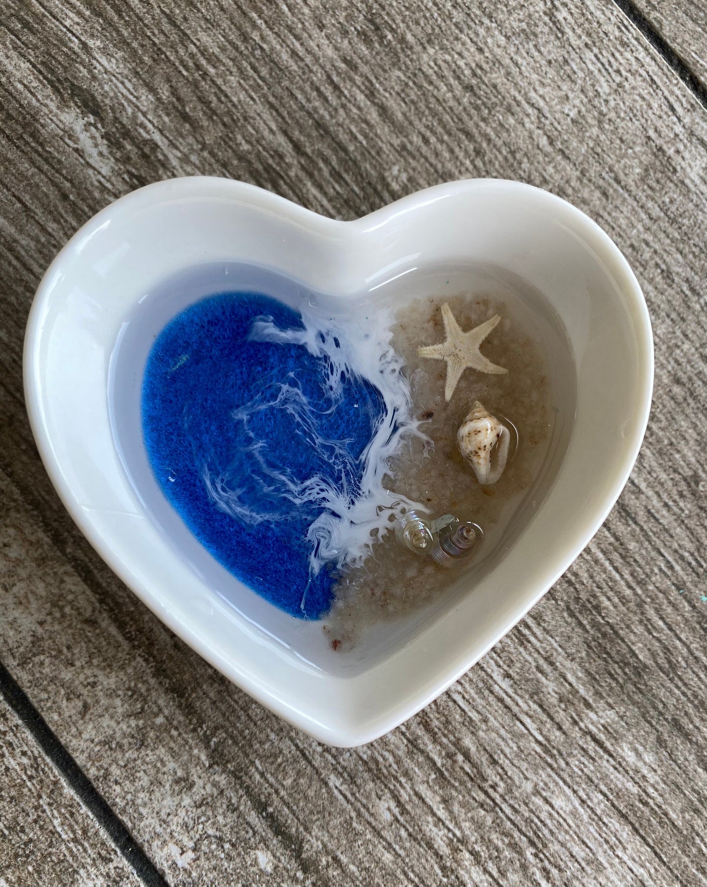 Ceramic  OCEAN Heart Ring/ Trinket Dish  with resin ocean and beach