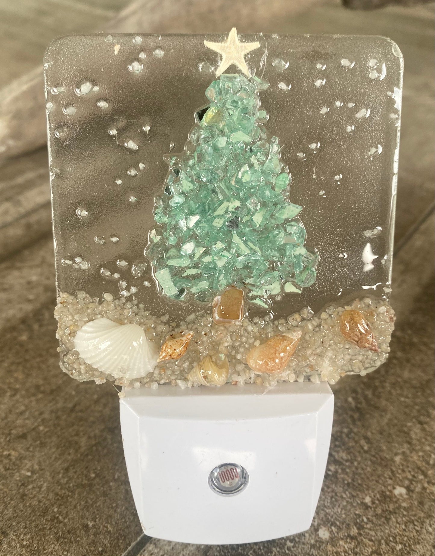 COASTAL CHRISTMAS TREE Aqua Night Light with shells on beach, Beachy Christmas Night Light