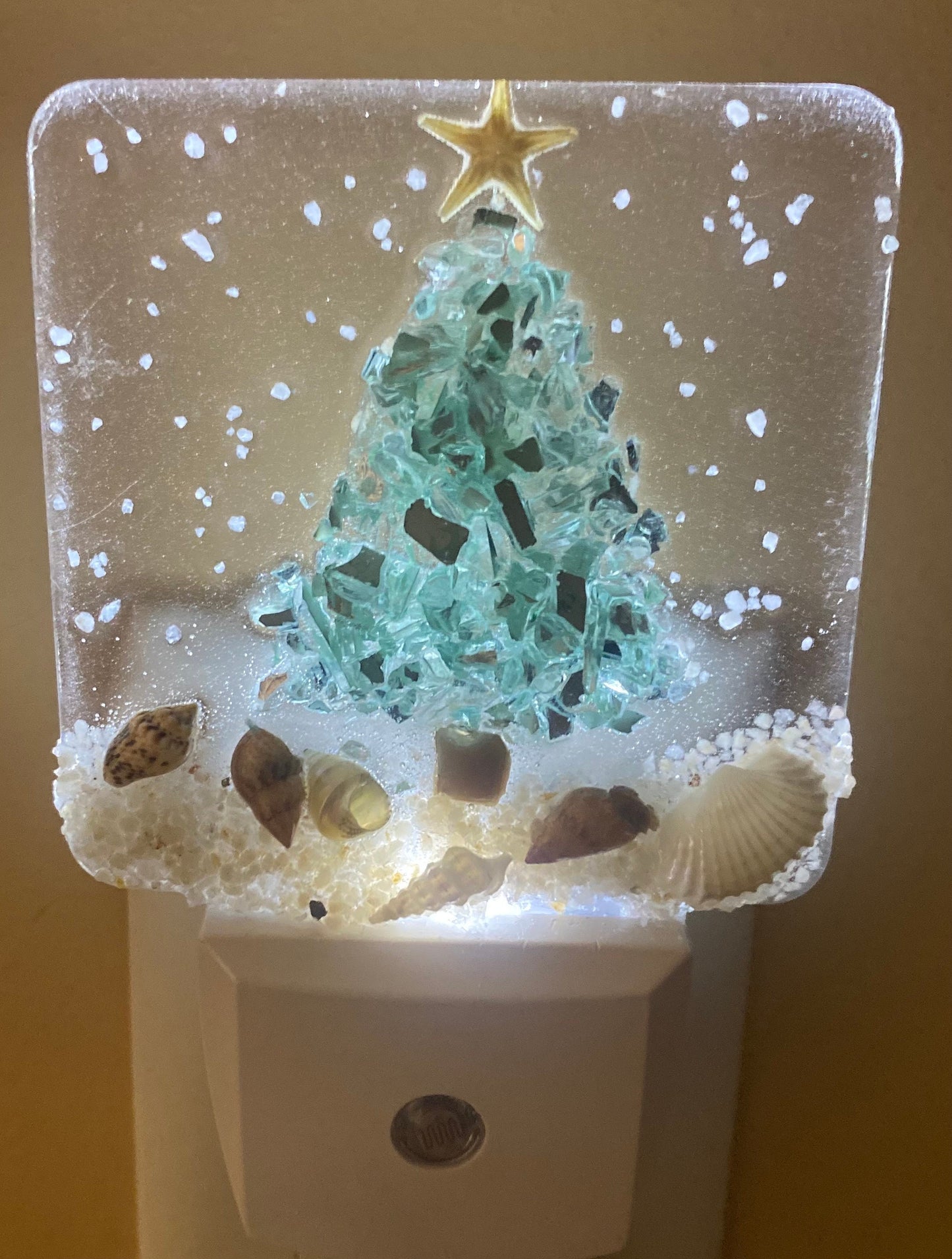 COASTAL CHRISTMAS TREE Aqua Night Light with shells on beach, Beachy Christmas Night Light