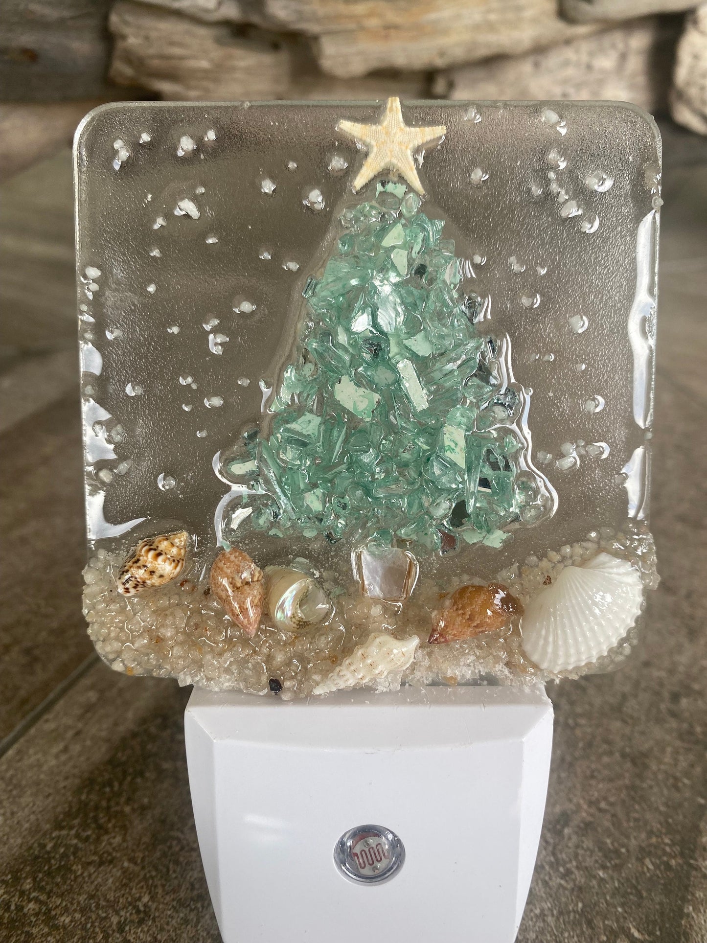 COASTAL CHRISTMAS TREE Aqua Night Light with shells on beach, Beachy Christmas Night Light