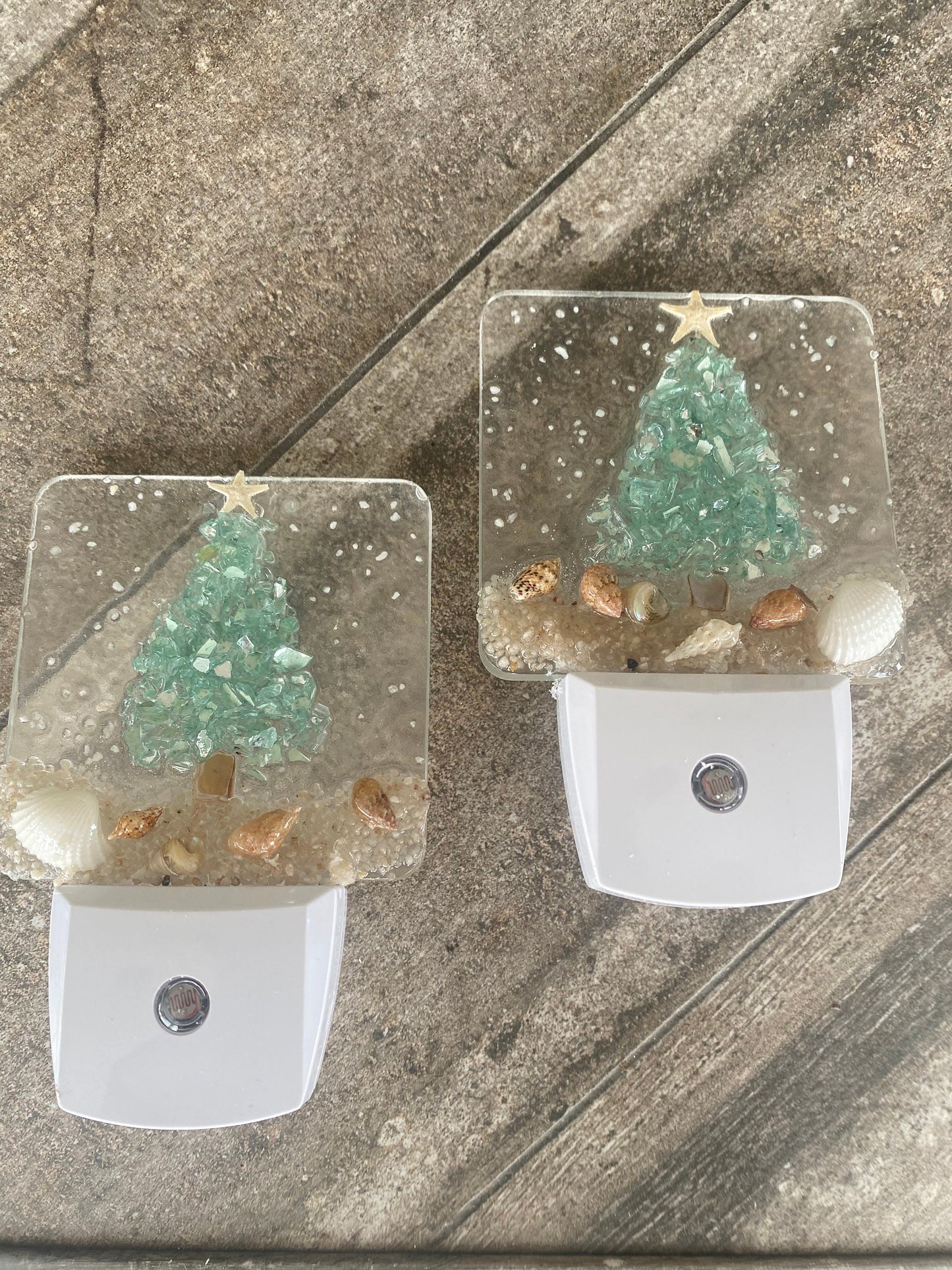 COASTAL CHRISTMAS TREE Aqua Night Light with shells on beach, Beachy Christmas Night Light