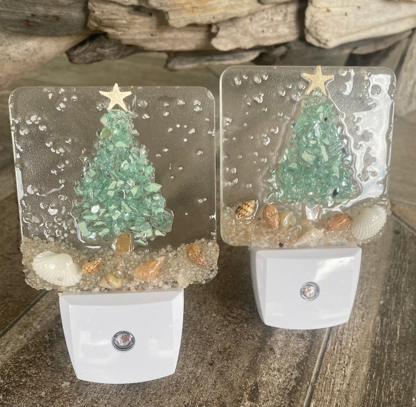 COASTAL CHRISTMAS TREE Aqua Night Light with shells on beach, Beachy Christmas Night Light