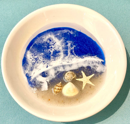 Ceramic OCEAN Round Ring/ Trinket Dish with resin ocean and beach