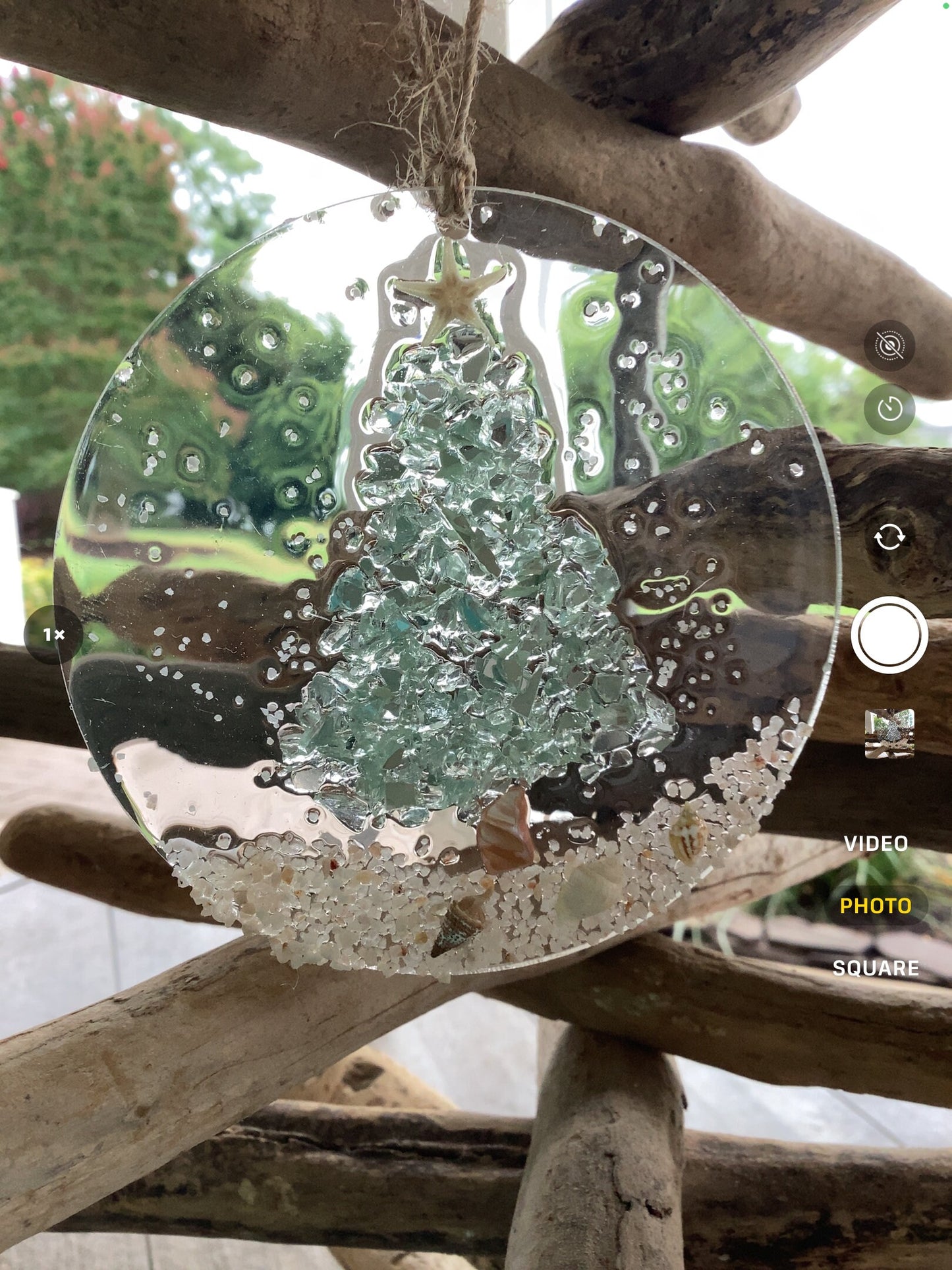 Coastal Christmas Ornament- Aqua Christmas Tree with shells and Beach, Beachy Christmas, Resin and glass ornament, Handmade