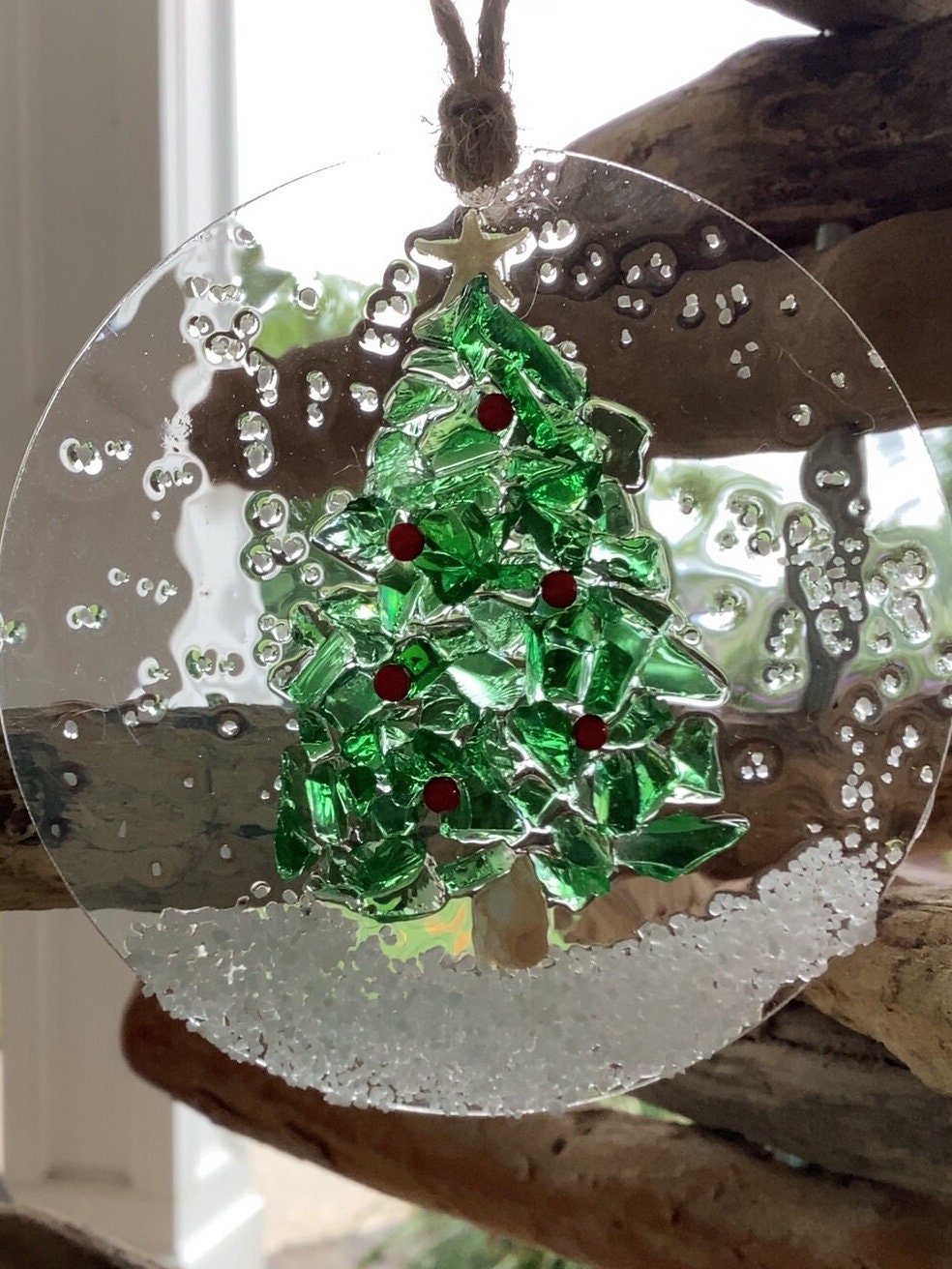 Coastal Christmas Ornament- Green glass Christmas Tree with Berries on  Snow, Beachy Christmas, Handmade resin art, Glass Coastal Ornament