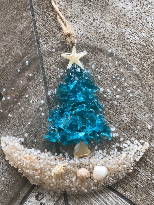 Coastal Christmas Ornament- Turquoise Christmas Tree with shells and Beach