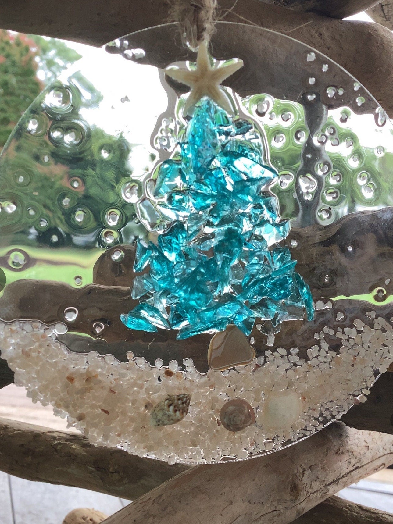 Coastal Christmas Ornament- Turquoise Christmas Tree with shells and Beach