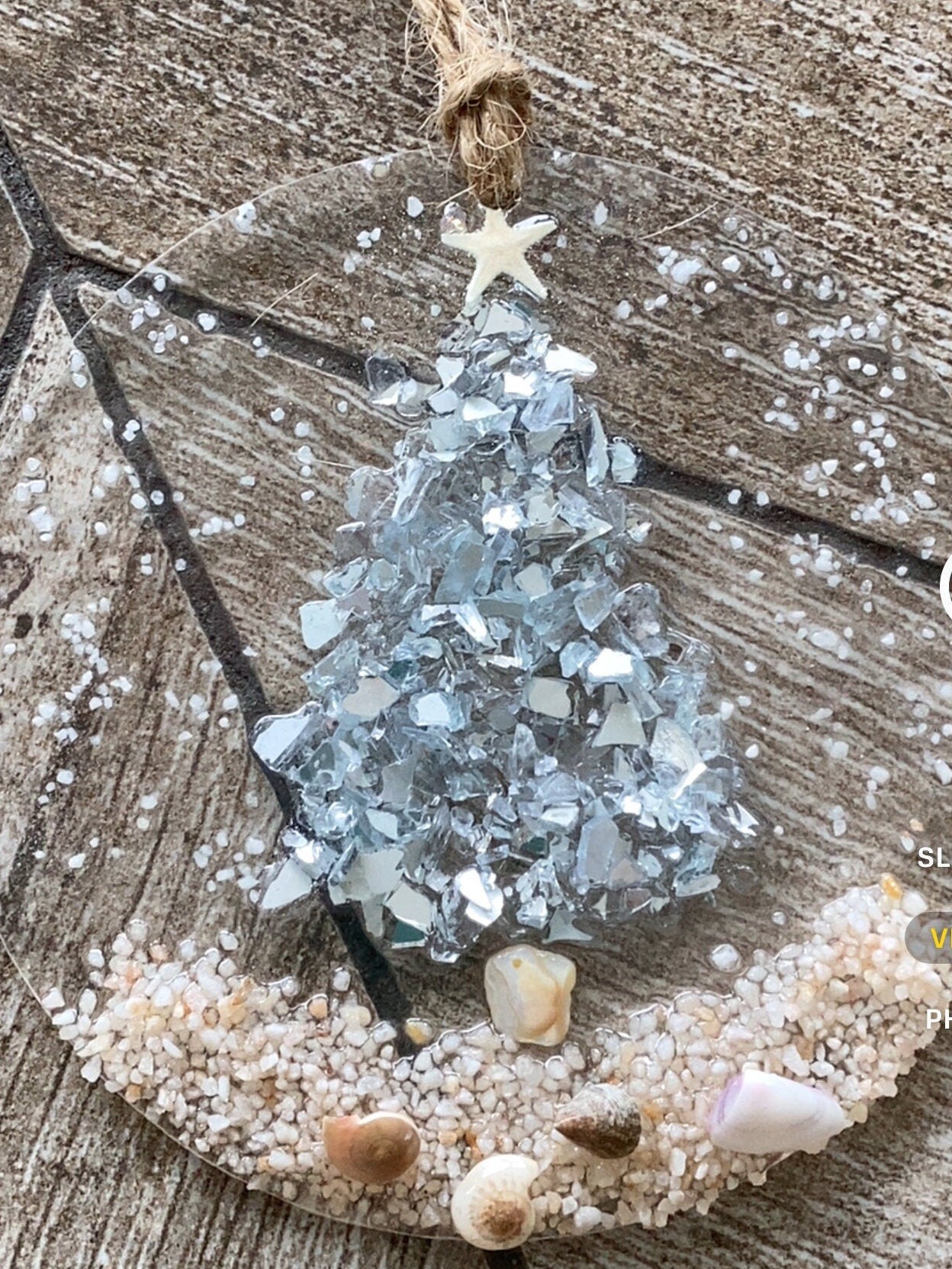 Coastal Christmas Ornament- Silver Christmas Tree with shells and Beach