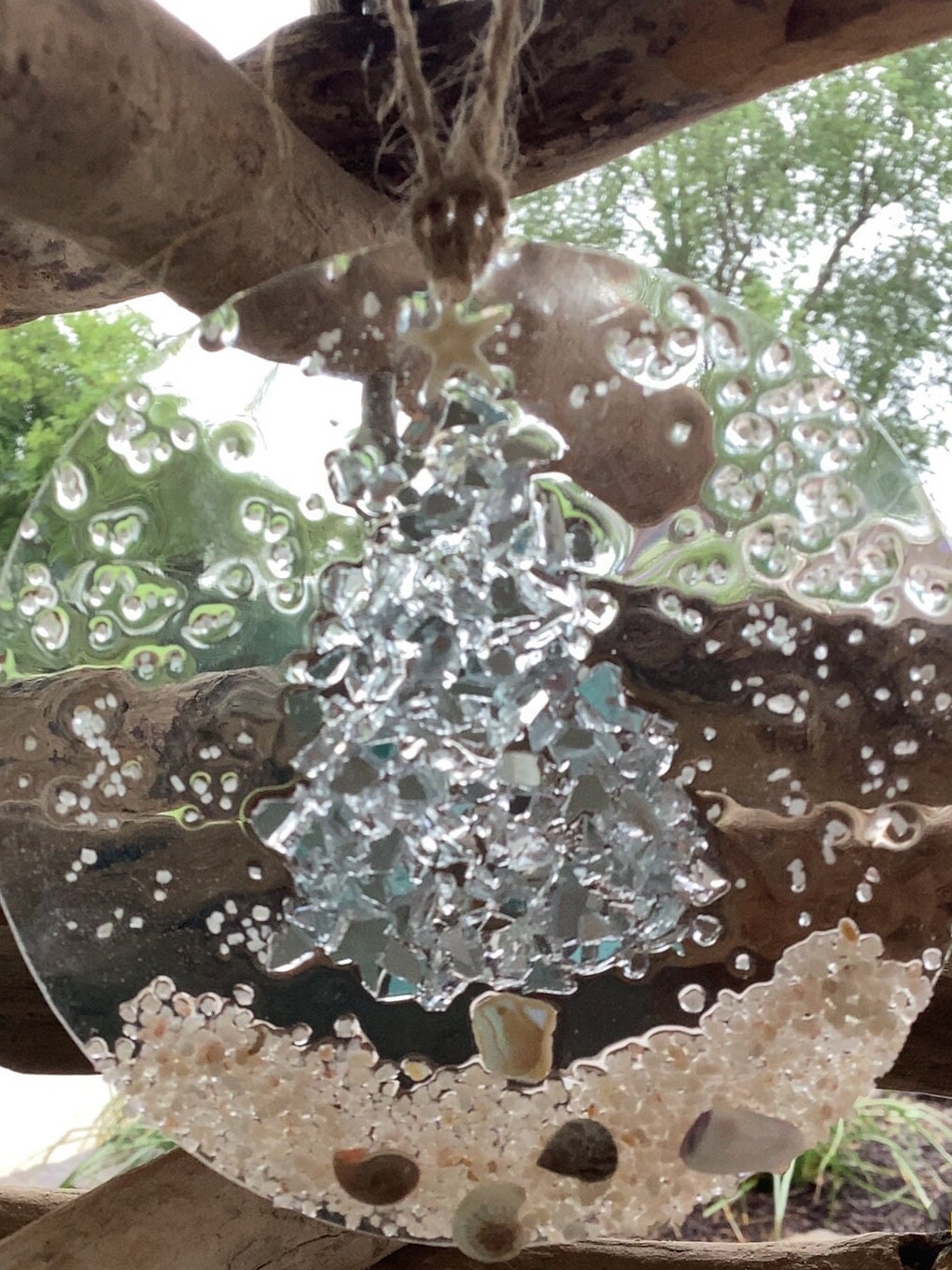 Coastal Christmas Ornament- Silver Christmas Tree with shells and Beach