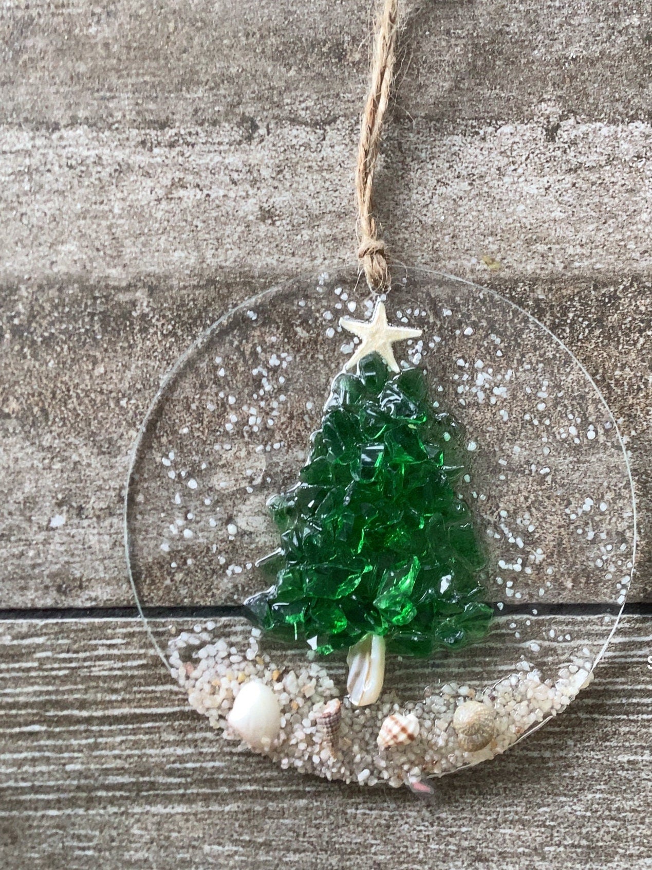 Coastal Christmas Ornament- Green Glass Christmas Tree with shells and Beach, Beachy Christmas ornament, Handmade, Resin and Glass ornament