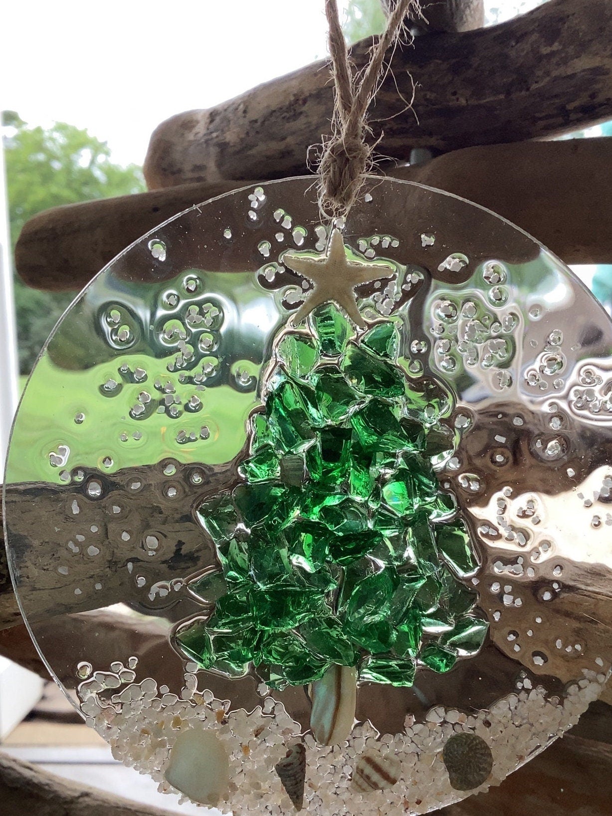 Coastal Christmas Ornament- Green Glass Christmas Tree with shells and Beach, Beachy Christmas ornament, Handmade, Resin and Glass ornament