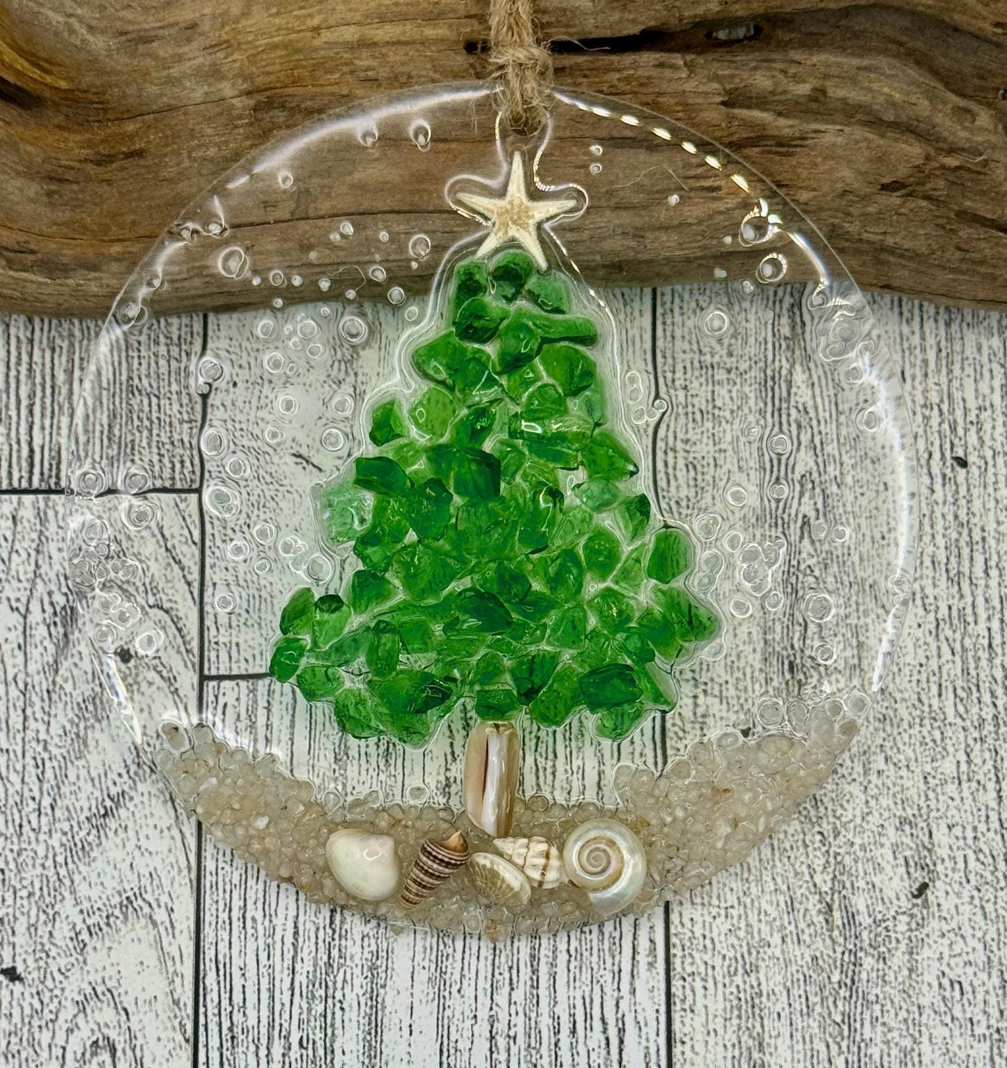 Coastal Christmas Ornament- Green Glass Christmas Tree with shells and Beach, Beachy Christmas ornament, Handmade, Resin and Glass ornament