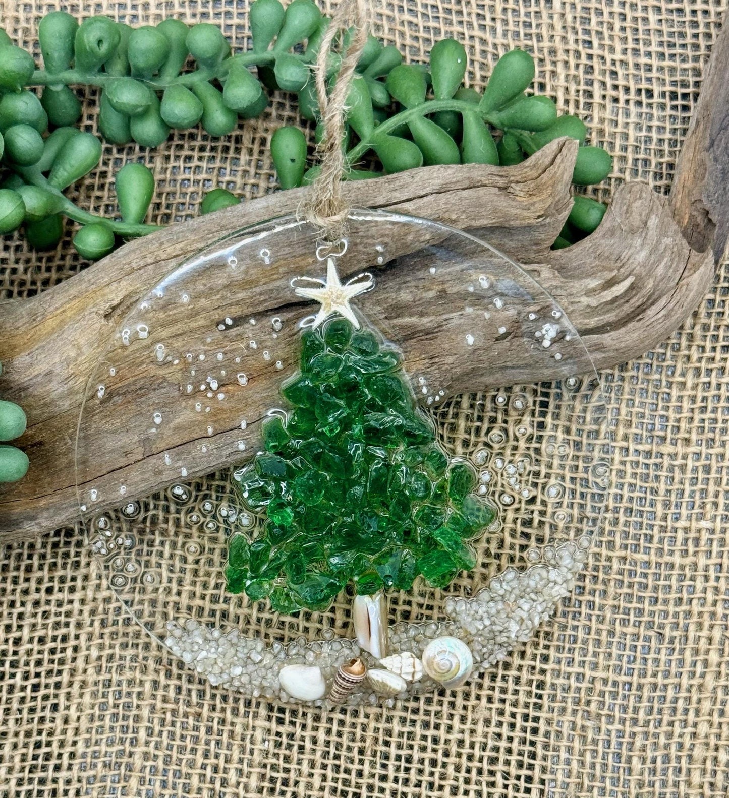 Coastal Christmas Ornament- Green Glass Christmas Tree with shells and Beach, Beachy Christmas ornament, Handmade, Resin and Glass ornament