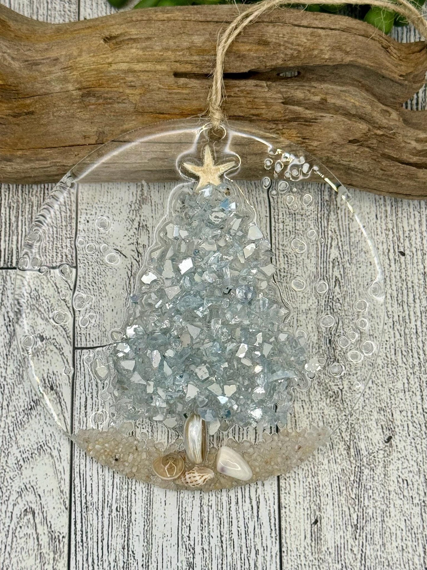 Coastal Christmas Ornament- Silver Christmas Tree with shells and Beach