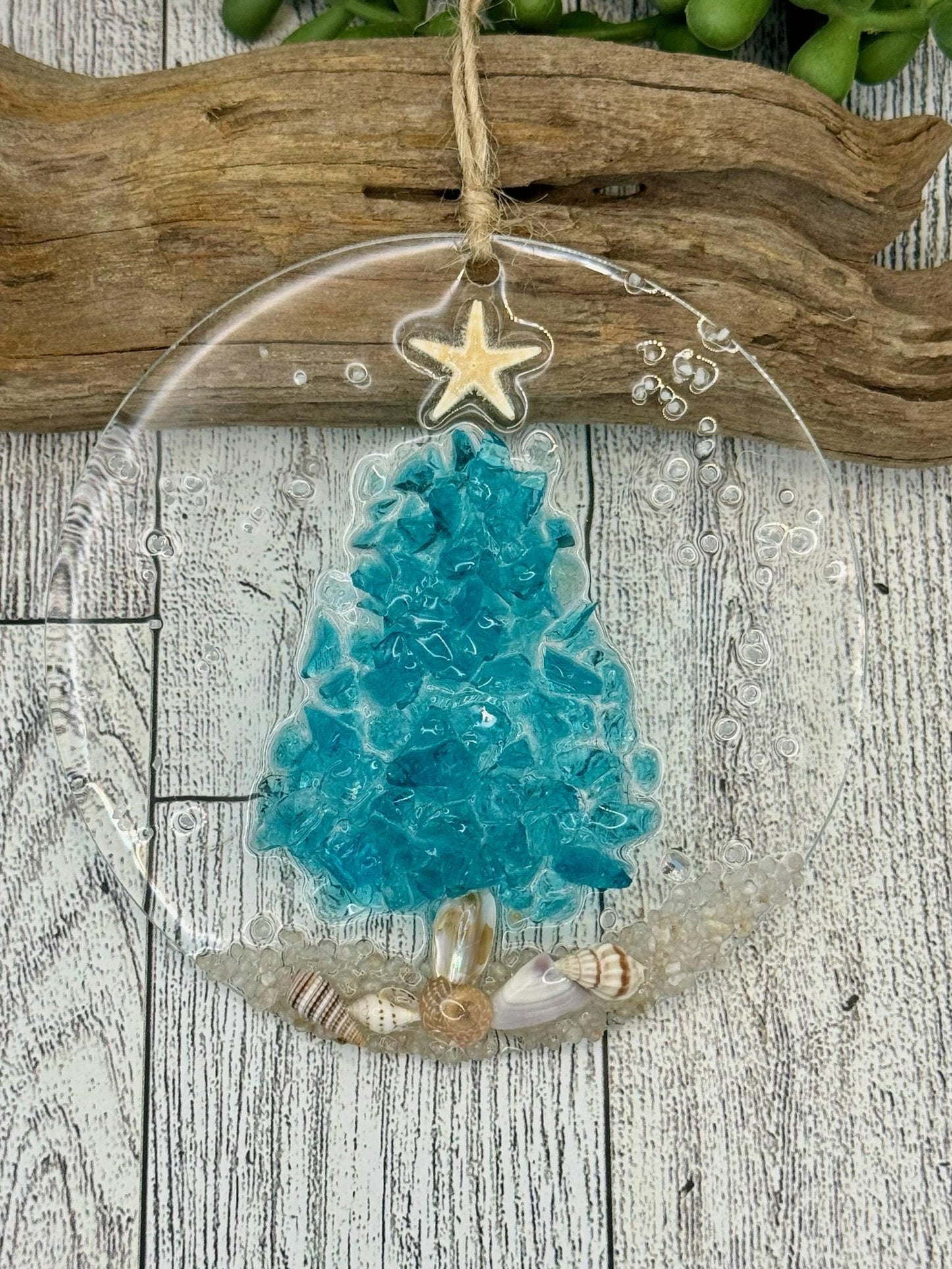 Coastal Christmas Ornament- Turquoise Christmas Tree with shells and Beach